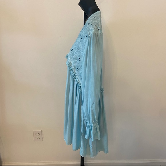 She + Sky Aqua Blue Peasant Ruffled Long Sleeve Mini Dress Size Medium - Picture 3 of 5